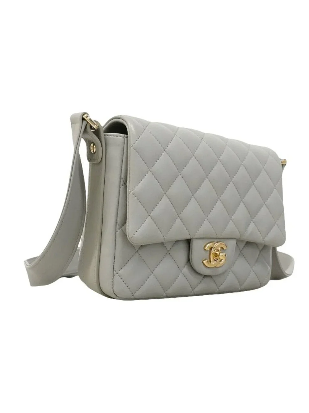 Chanel Shoulder Bag Quilted Lambskin Gray Champagne Gold